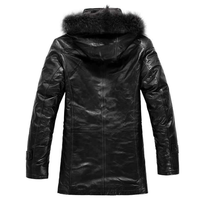 Men's Designer Black Lamb Fur Lined Leather Hooded Coats