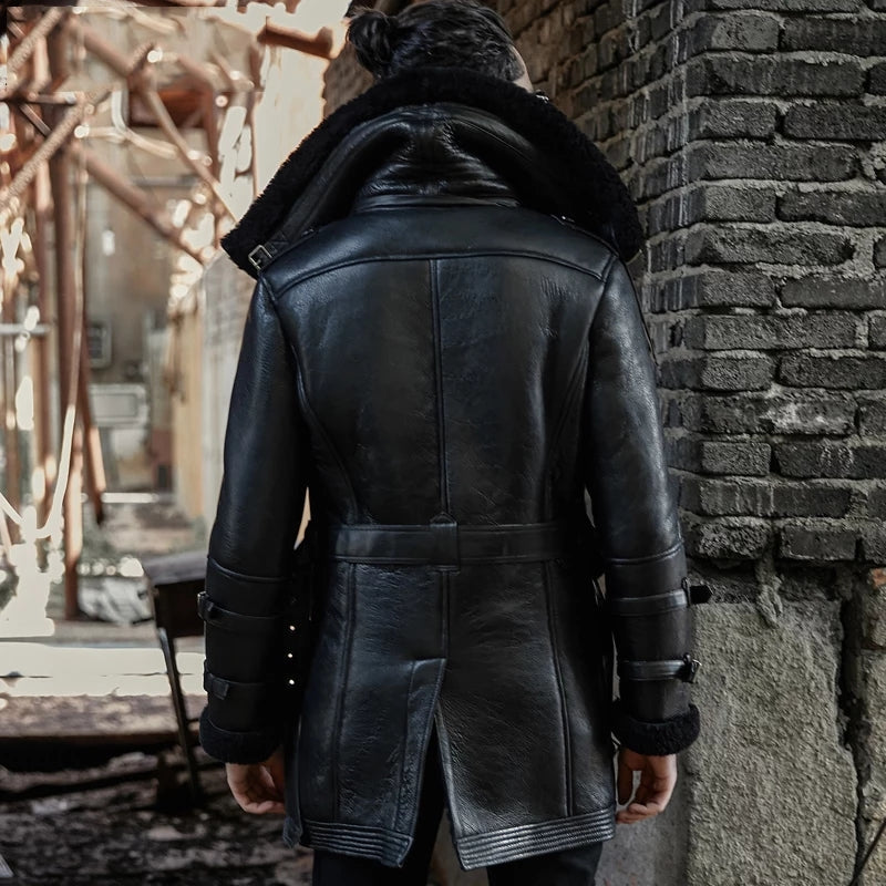 Men's B7 Bomber Sheepskin Leather Coat In Black With Oversized Collar