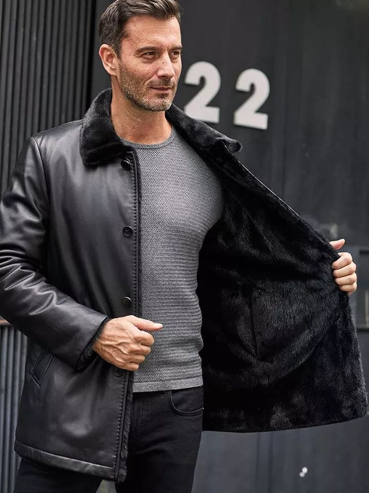 Men's Double Sided Fur Shearling Leather Coat In Black
