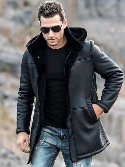 Men's Sheepskin Fur Leather Coat In Black With Hood