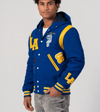 Los Angeles Limited Edition Varsity Bomber Jacket In Blue With Hood