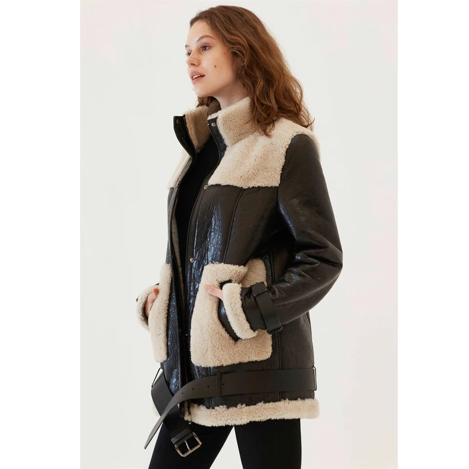 Women's Sheepskin Fur Leather Coat In Dark Brown