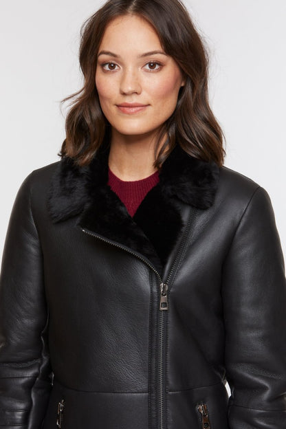 Women's Sheepskin Fur Leather Coat In Black