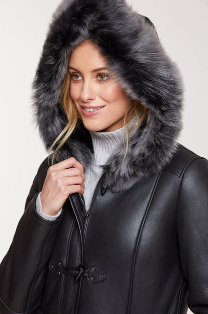 Women's Fur Sheepskin Parka Leather Coat In Black
