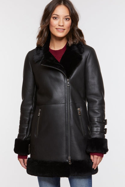 Women's Sheepskin Fur Leather Coat In Black