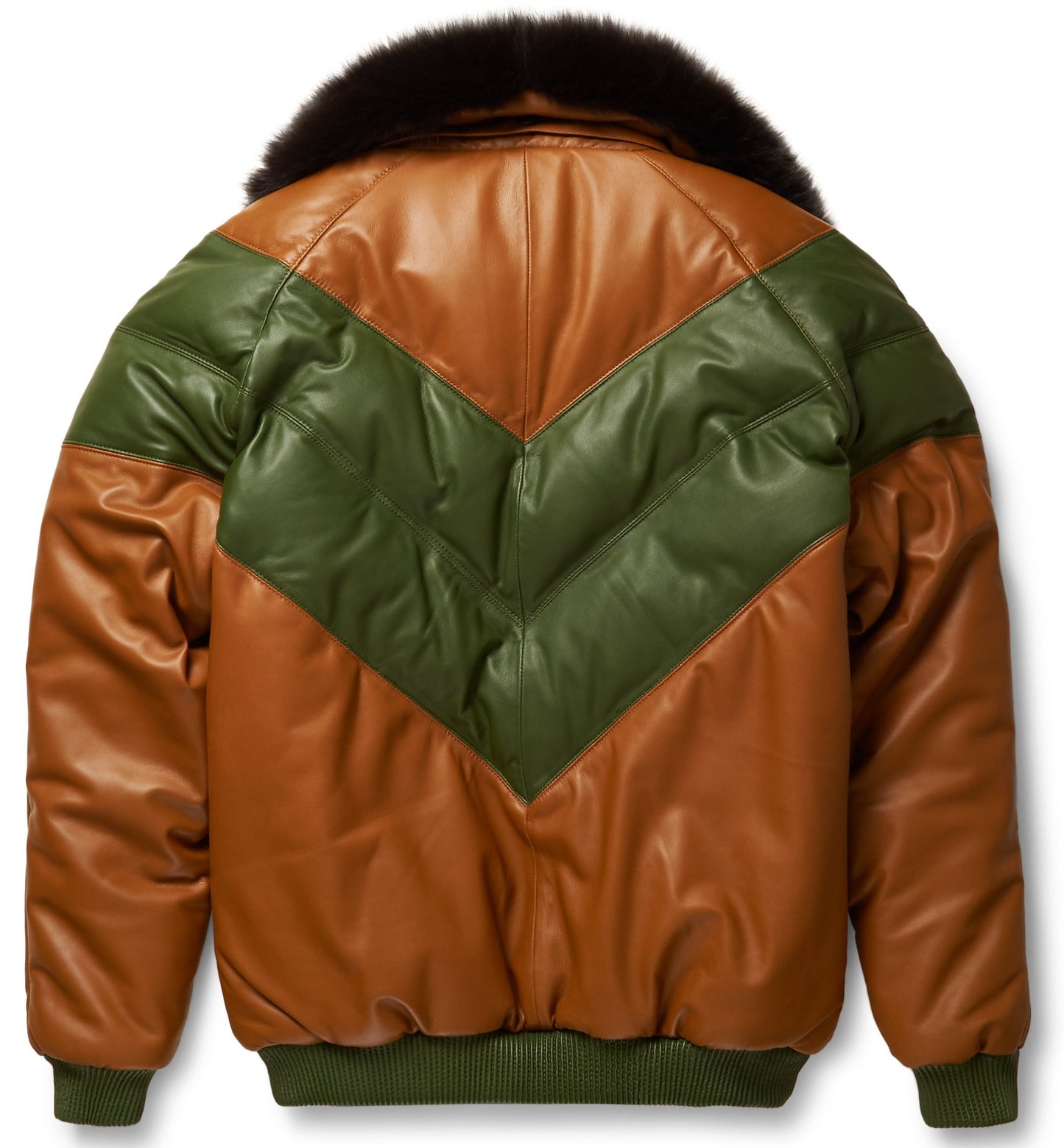 Brown & Green Leather V-Bomber Jacket
