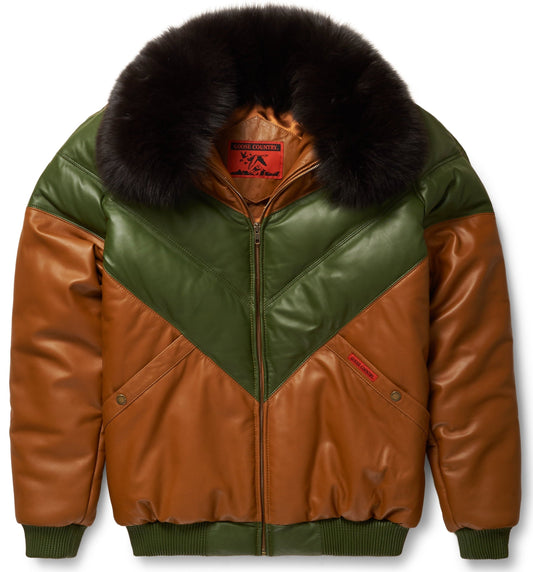 Brown & Green Leather V-Bomber Jacket