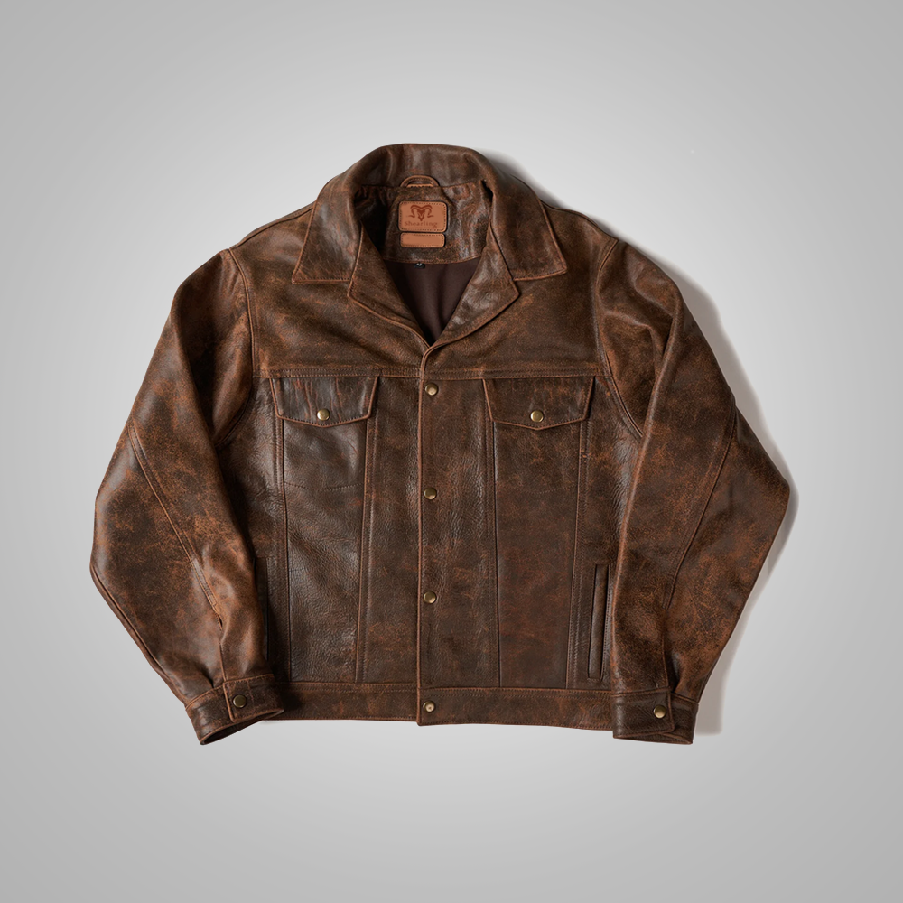Mens brown Distressed Real Leather Four Pocket Leather Jacket