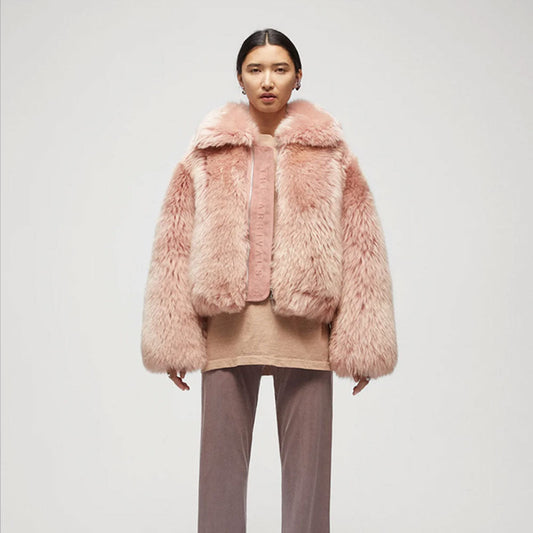 Womens Pink Shearling Short Fox Fur Leather Jacket