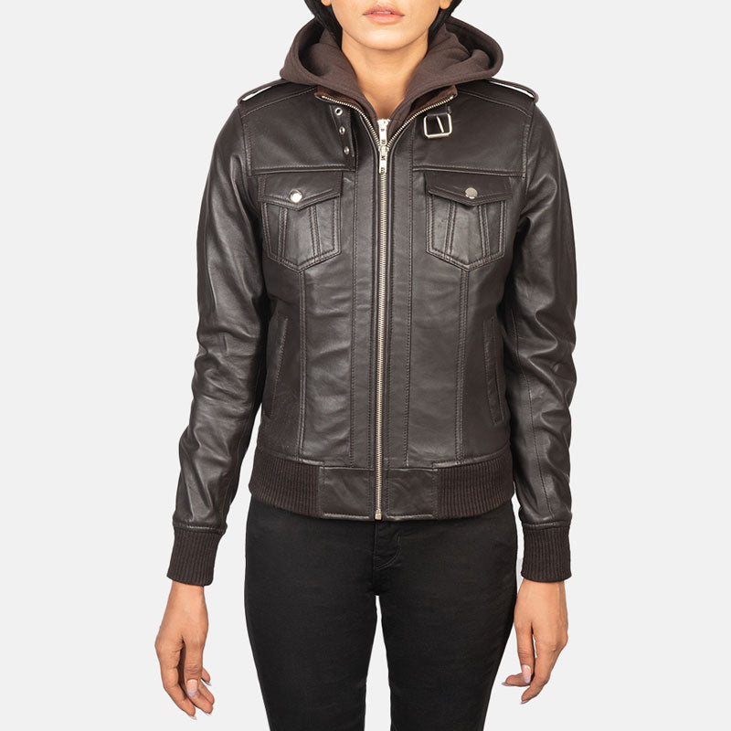 Roslyn Brown Hooded Leather Bomber Jacket
