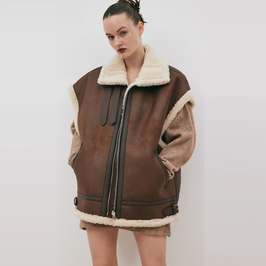New Chocolate Brown Women Aviator Sheepskin  Leather Vest