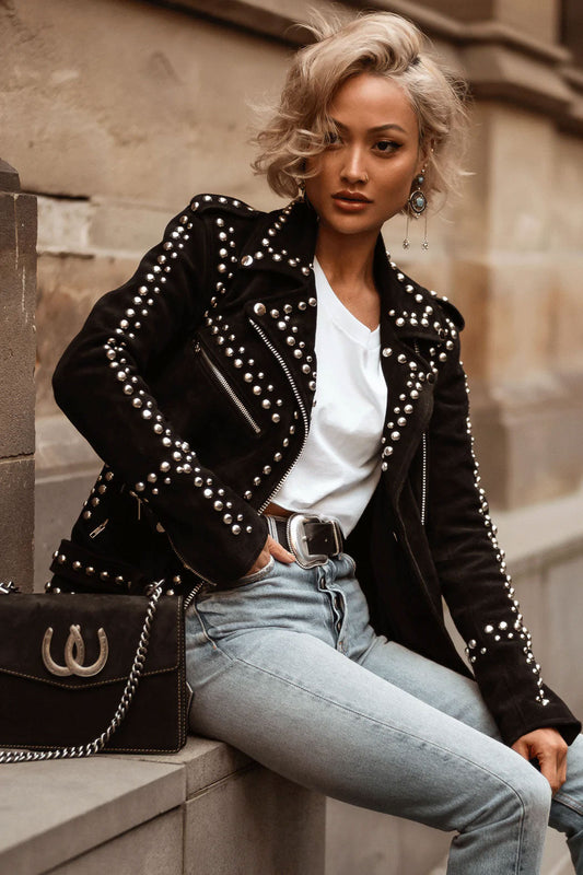 Women Style Silver Studded Black Suede Leather Jacket