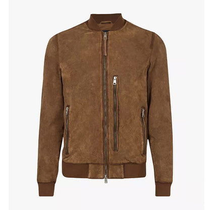 Mens Brown Suede Real Leather Bomber Jacket