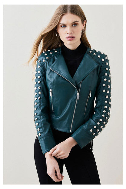 Women Chocolat Green Style Silver Spiked Studded Retro Motorcycle Leather Jacket