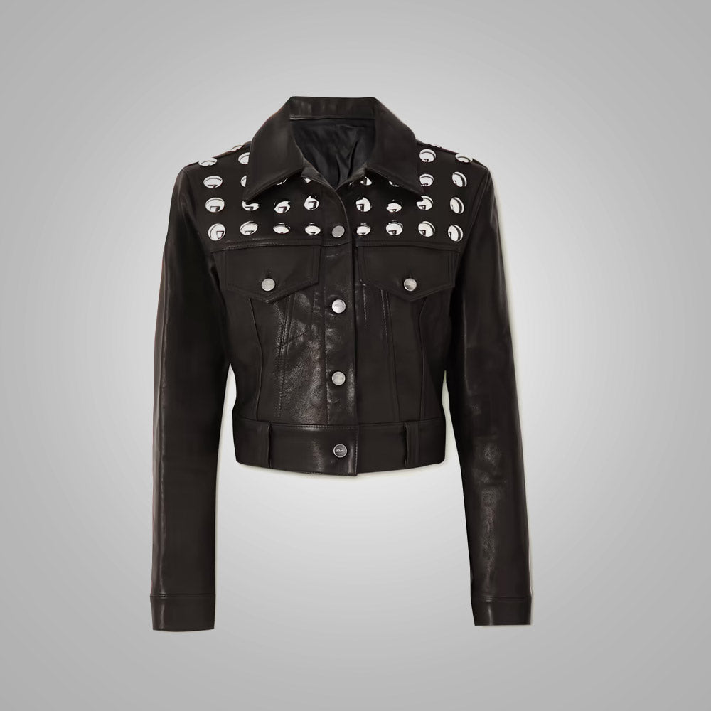 Women's Black Shearling Studded textured Cropped Leather Jacket