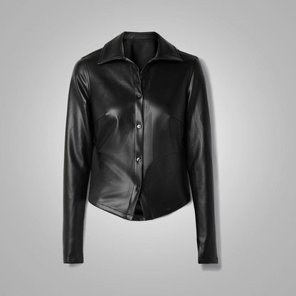 Women's Black Slim Fit Smooth Sleeves Leather Shirt