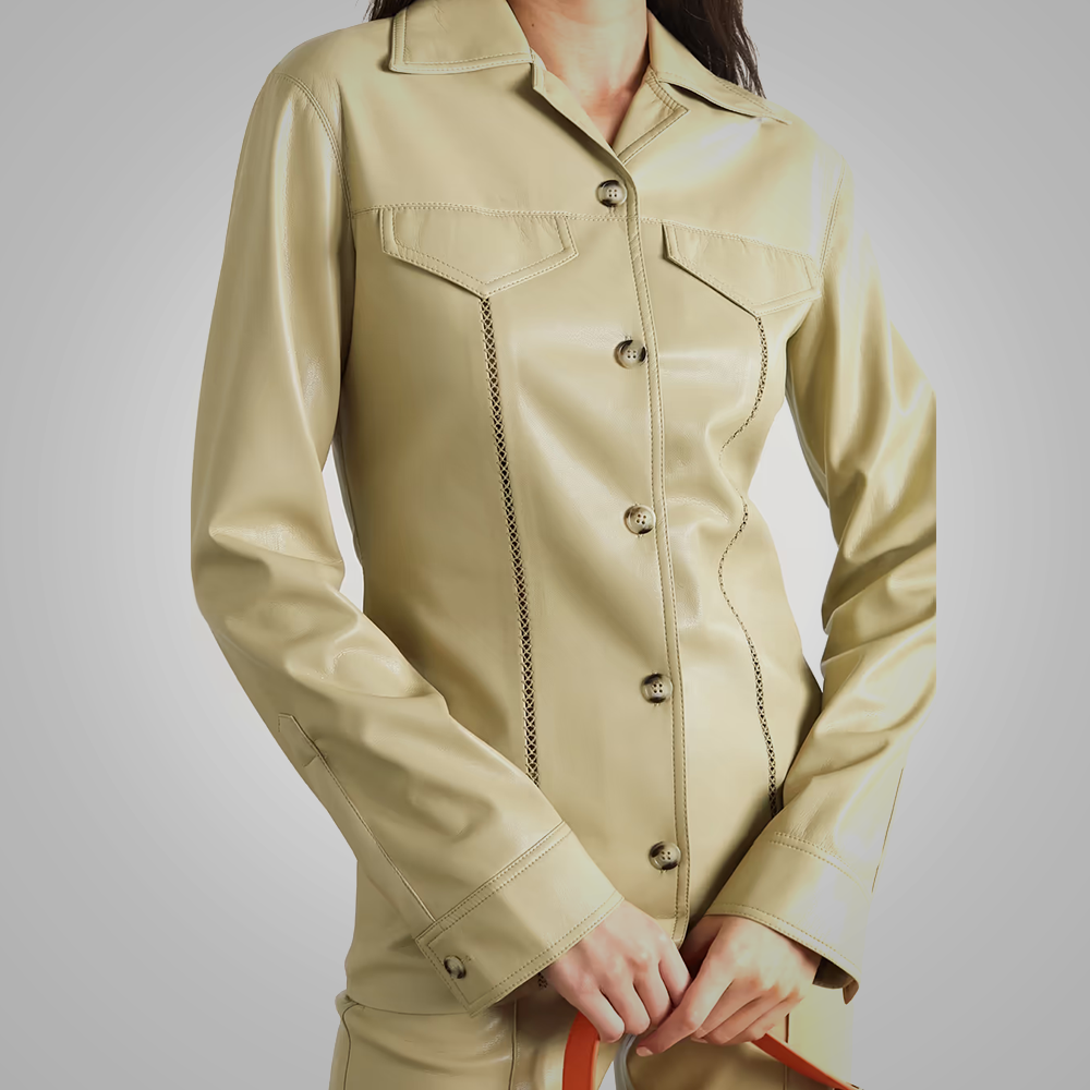 Women's Khaki Smooth Simple Button Closure Leather Shirt