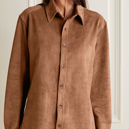 Women's Brown Smooth Simple Button Leather Blend Shirt