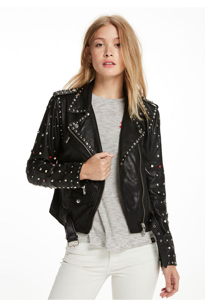 Black Women Spiked Studded Leather Motorcycle Jacket