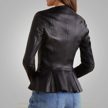 Women's Stretch Cotton Concealed Zip Black Leather Shirt