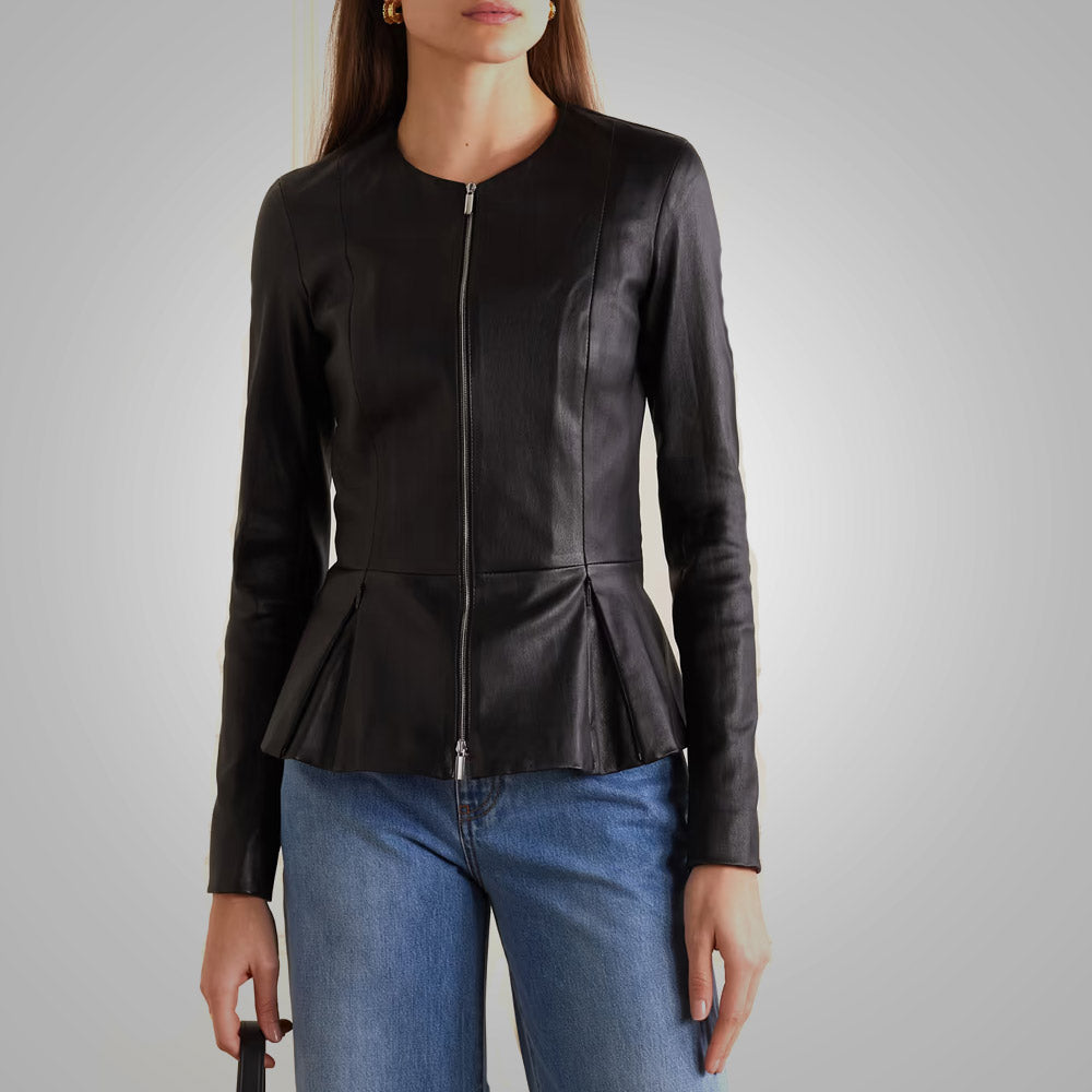 Women's Stretch Cotton Concealed Zip Black Leather Shirt