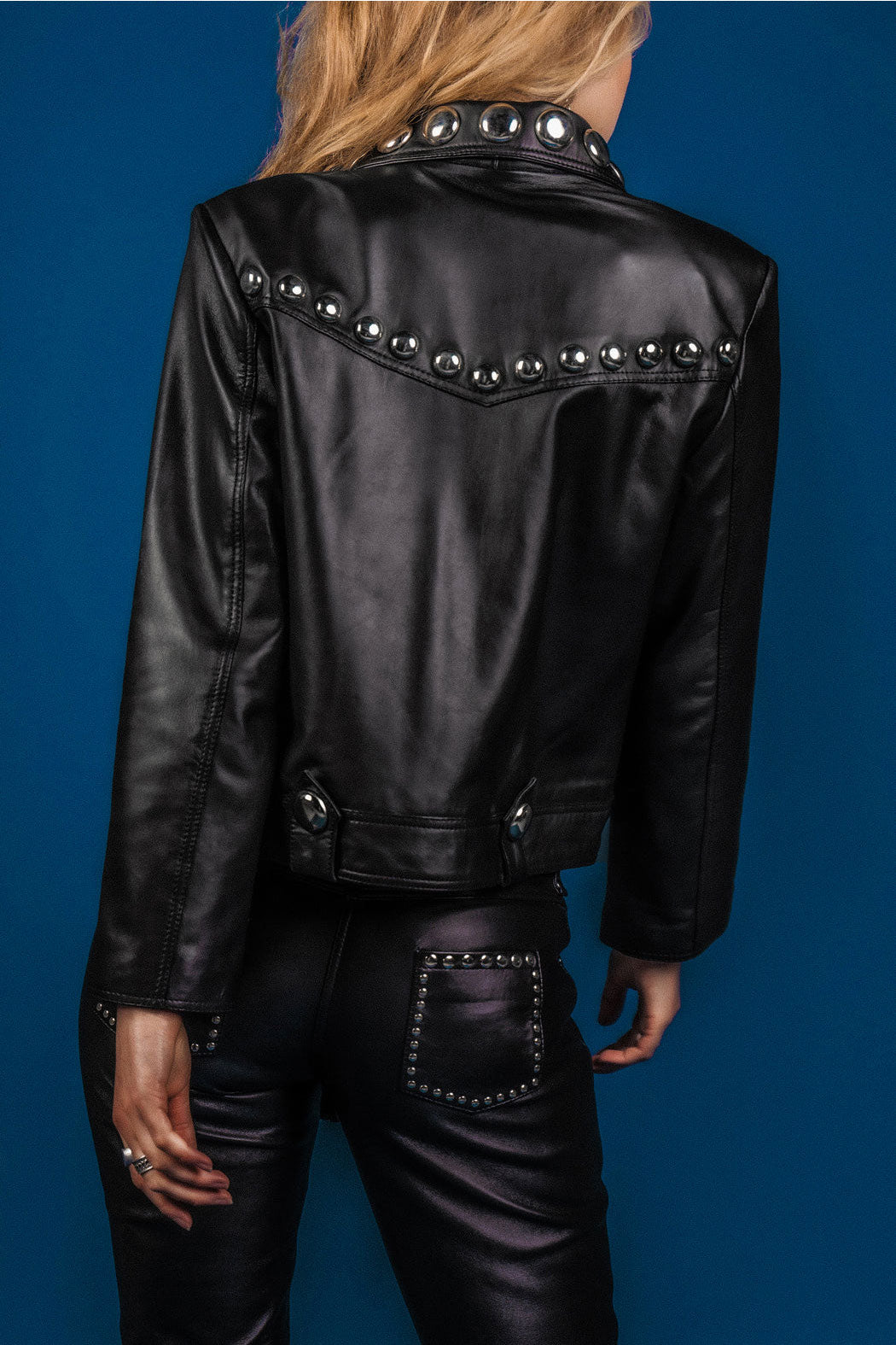 Black Women Punk Silver Spiked Studded Biker Leather Jacket