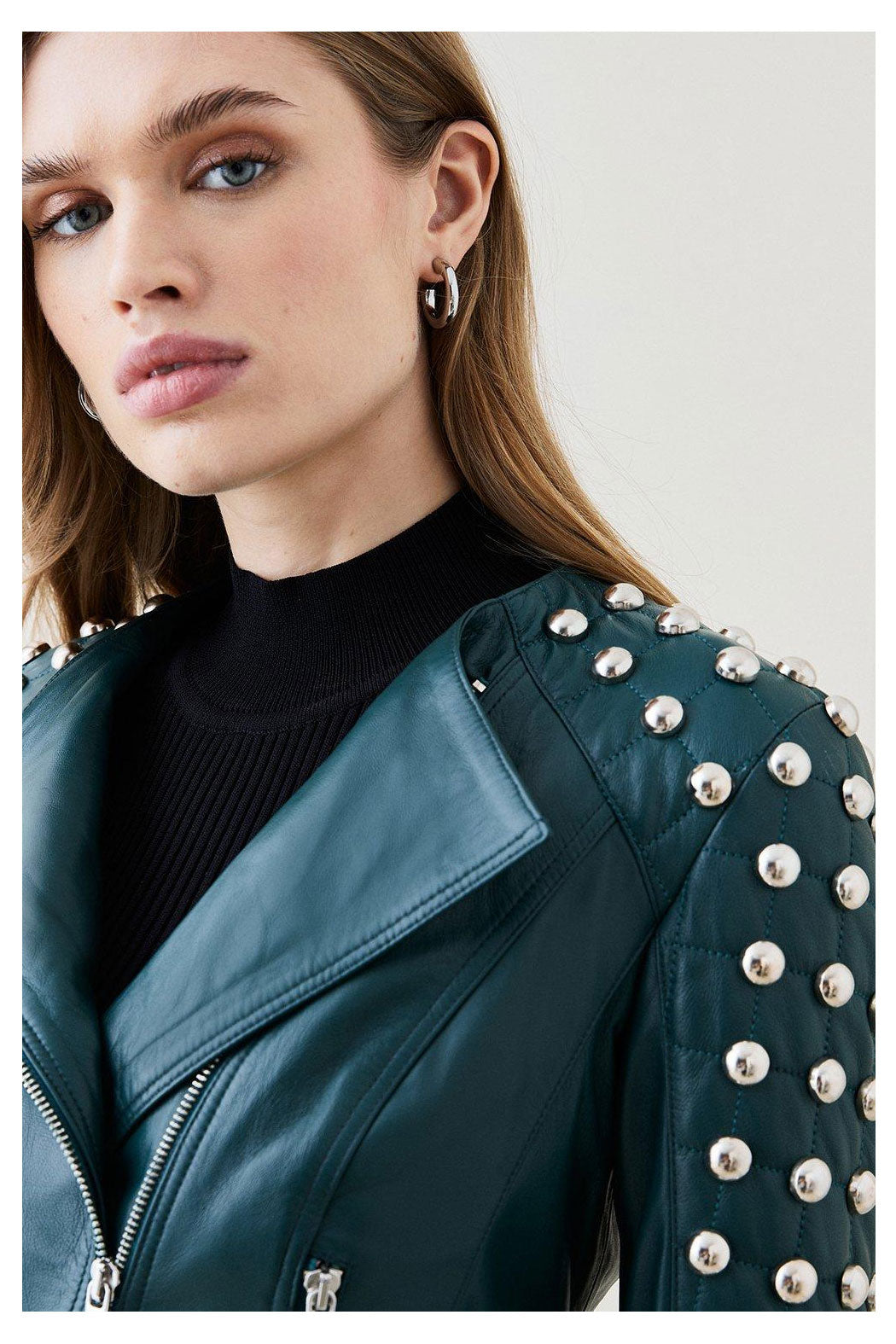 Women Chocolat Green Style Silver Spiked Studded Retro Motorcycle Leather Jacket