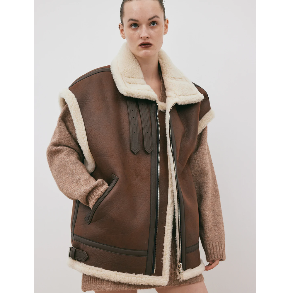 New Chocolate Brown Women Aviator Sheepskin  Leather Vest