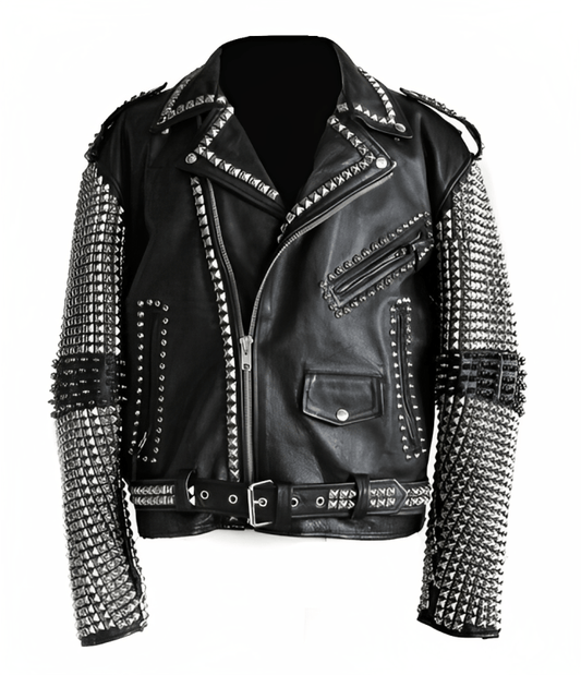 Men's Studded Leather Biker Jacket In Black
