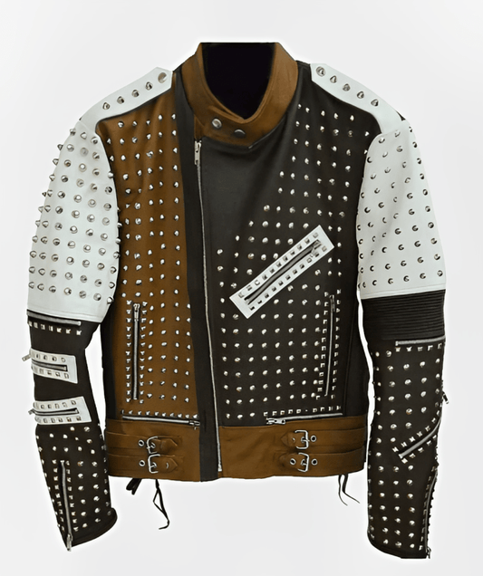 Men's Studded Leather Biker Jacket In Brown & White