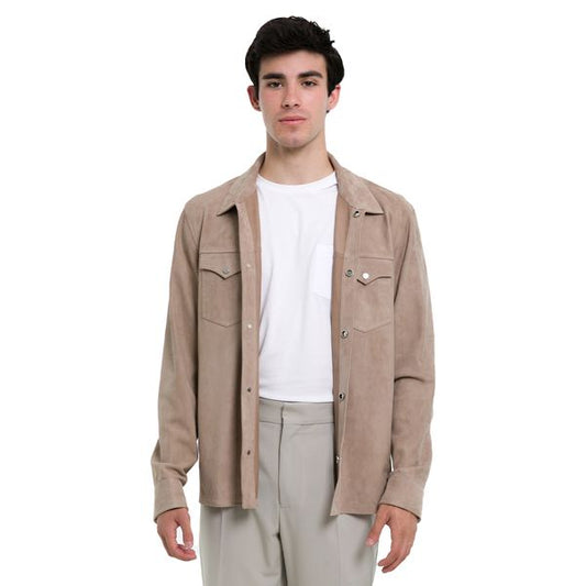 Men's Full Sleeve Suede Leather Shirt In Cream