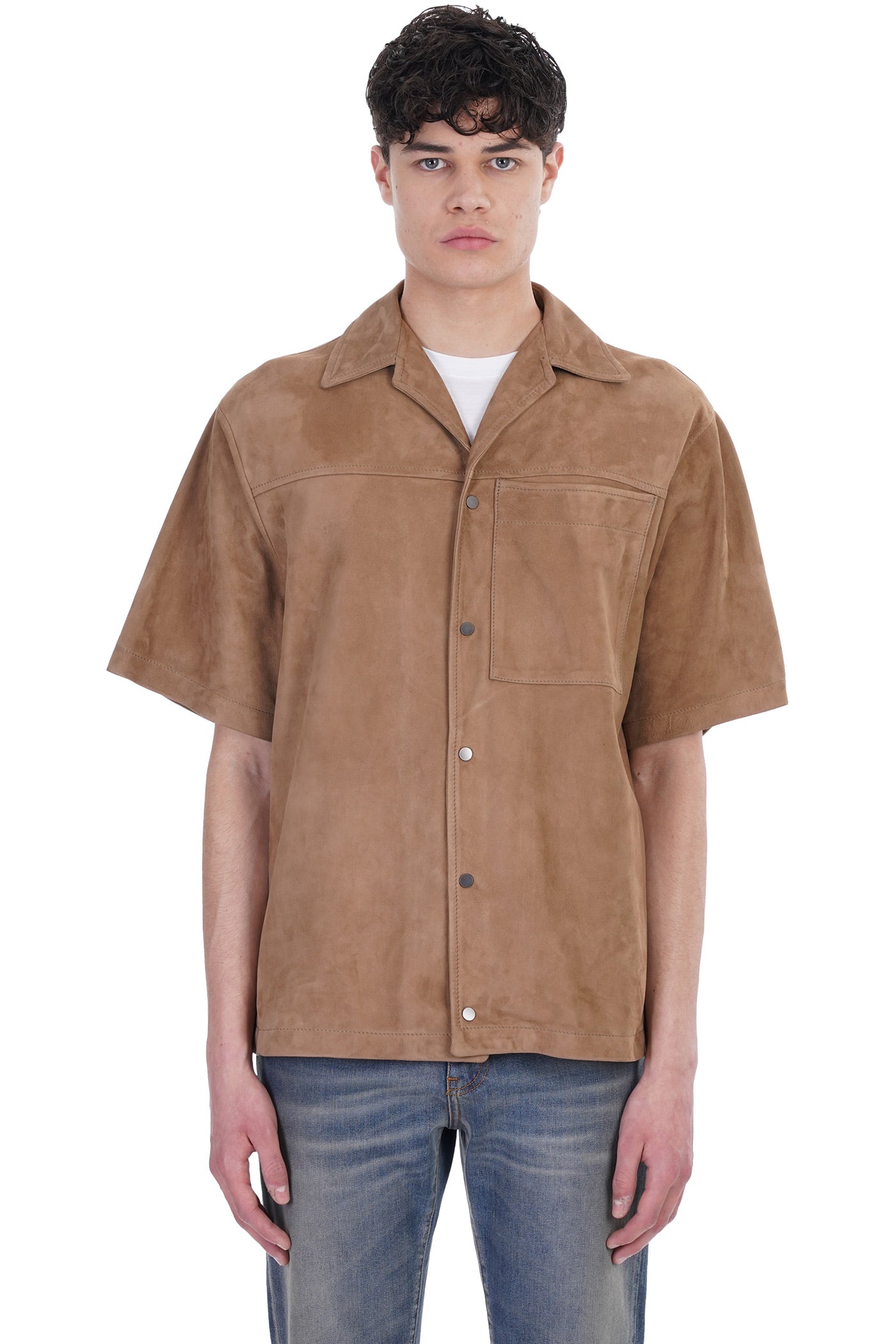 Men's Half Sleeve Suede Leather Shirt In Tan Brown