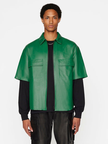Men's Half Sleeve Leather Shirt In Dark Green
