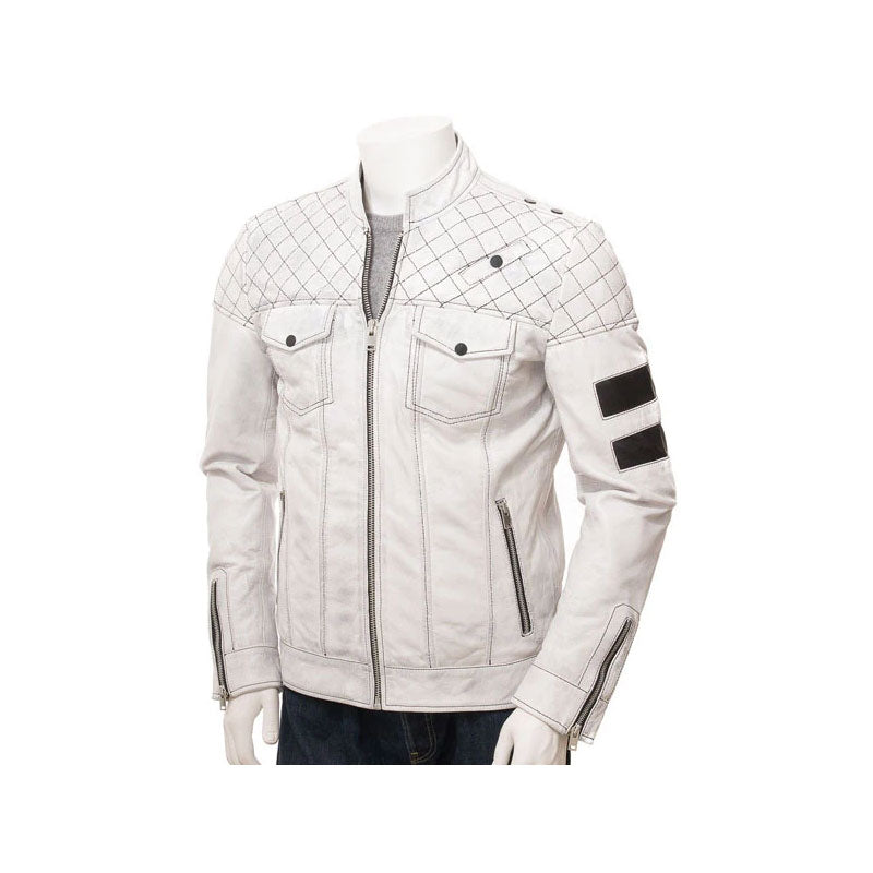 Mens White Leather Biker Jacket Online