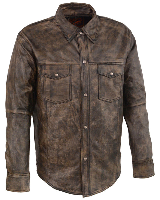 Leather Men's Distressed Brown Light Leather Snap Front Shirt