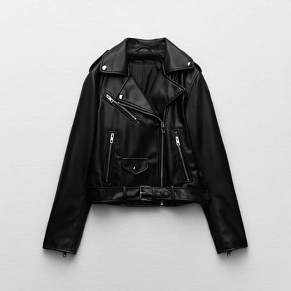 Black Women's Motorcycle Sheepskin Biker Leather Jacket
