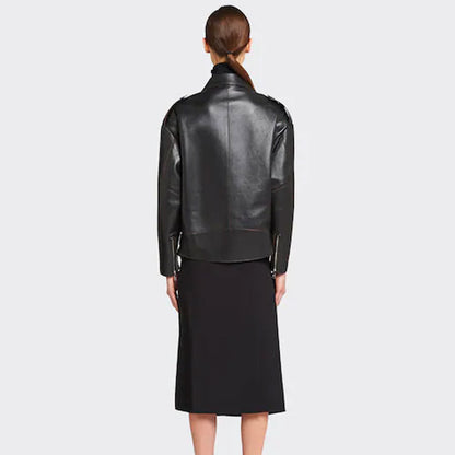 Women's black leather biker jacket