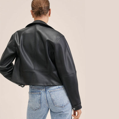 Black women's leather biker jacket