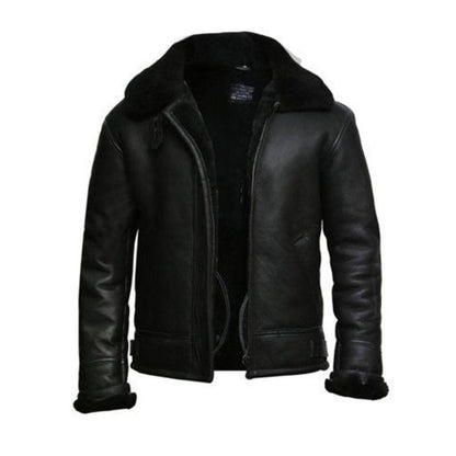 Black Aviator Fur Collar Genuine Leather Jacket