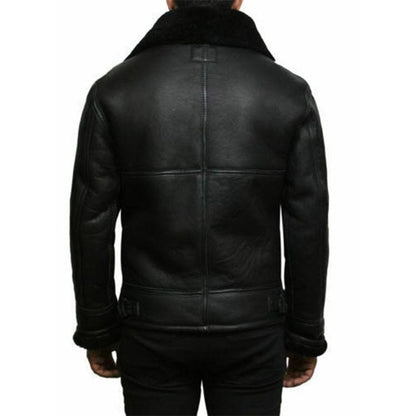 Black Aviator Fur Collar Genuine Leather Jacket