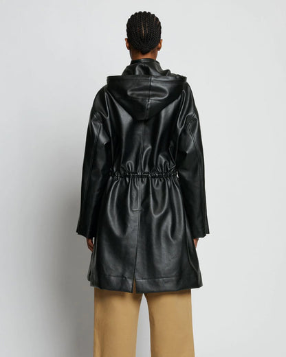 Black Hooded Sheepskin Leather Trench Duster Coat