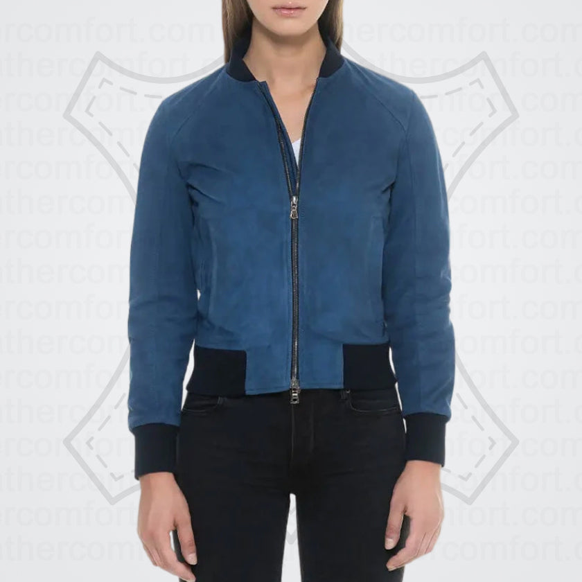 Shop Blue Suede Bomber Jacket with Black Rib Knit Collar & Cuffs ...