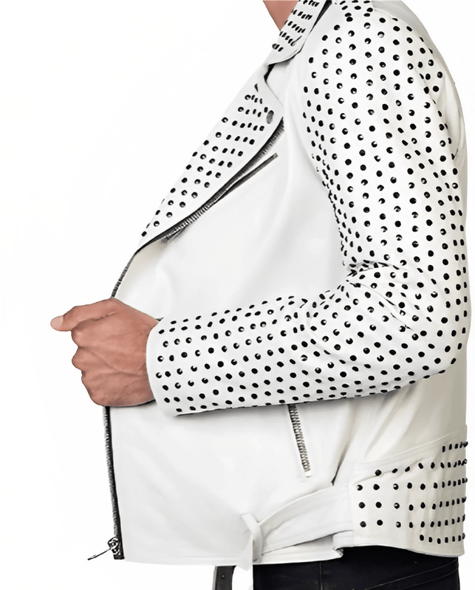 Men's Studded Biker Leather Jacket In White