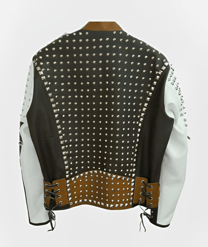 Men's Studded Leather Biker Jacket In Brown & White