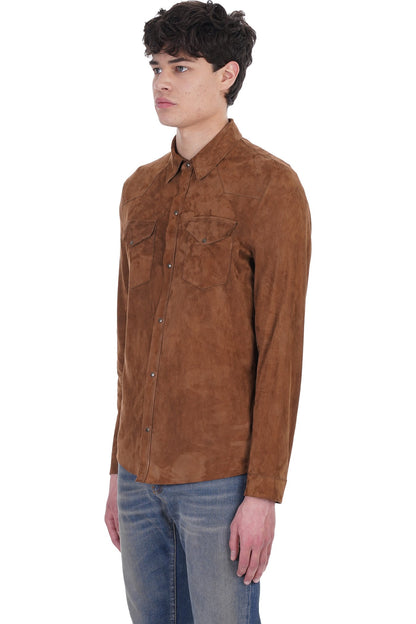Men's Full Sleeve Suede Leather Shirt In Tan Brown