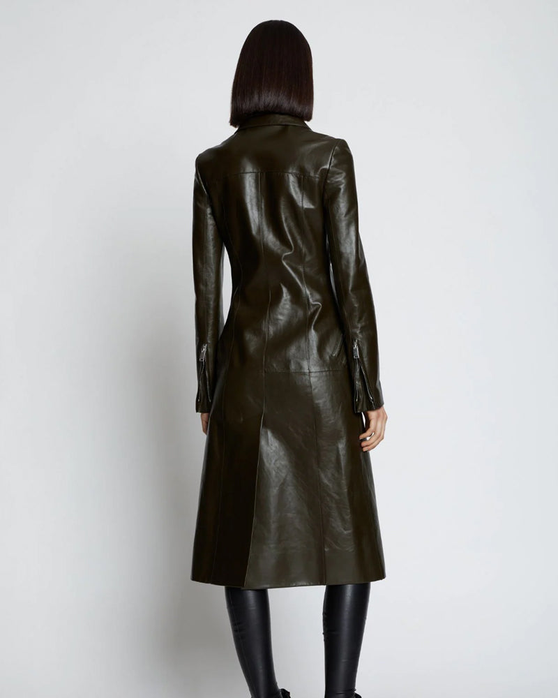 Dark Green Slim Fit Leather Long Trench Coat