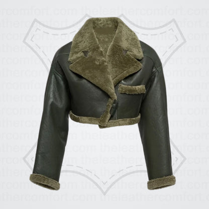 Green Women Aviator Flight Bomber Faux Fur Shearling Real Sheepskin Leather Jacket