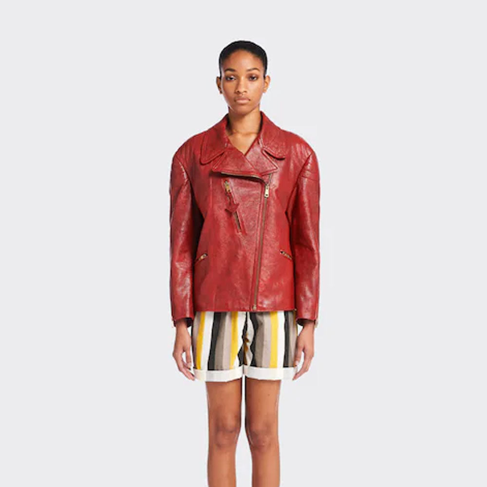 Women's red sheepskin biker leather jacket