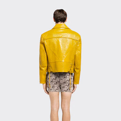 Yellow women's cowhide leather biker jacket