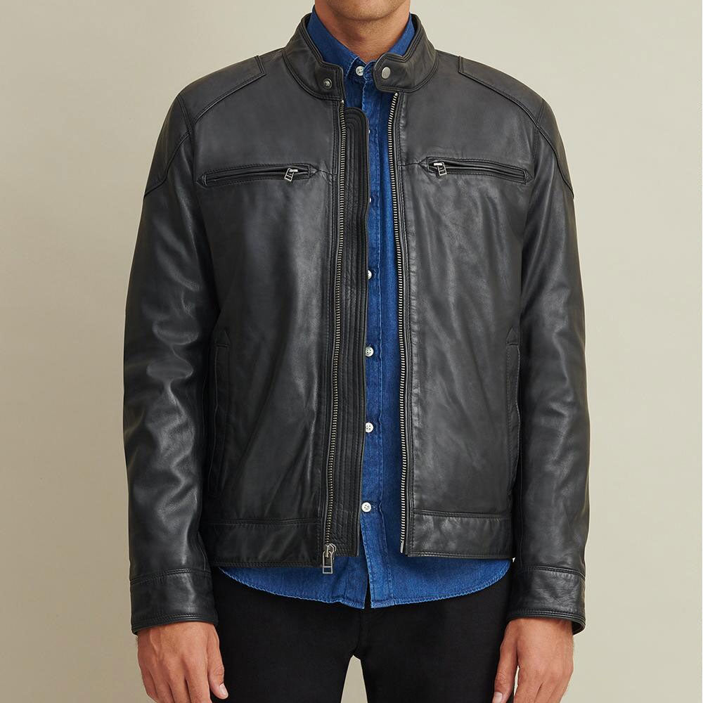 Men's Leather Biker Jacket with Shoulder Patches - Theleathercomfort